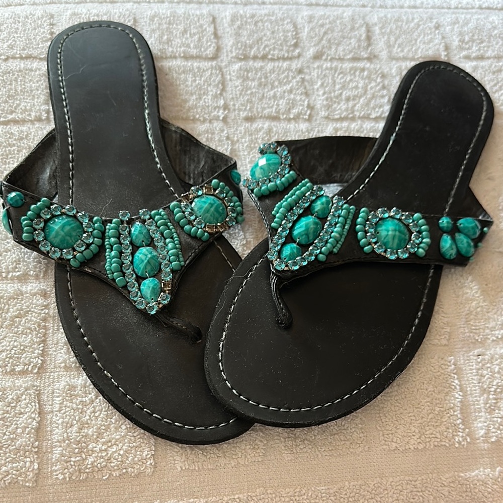 Black and Blue Sandals with Turquoise Embellishments